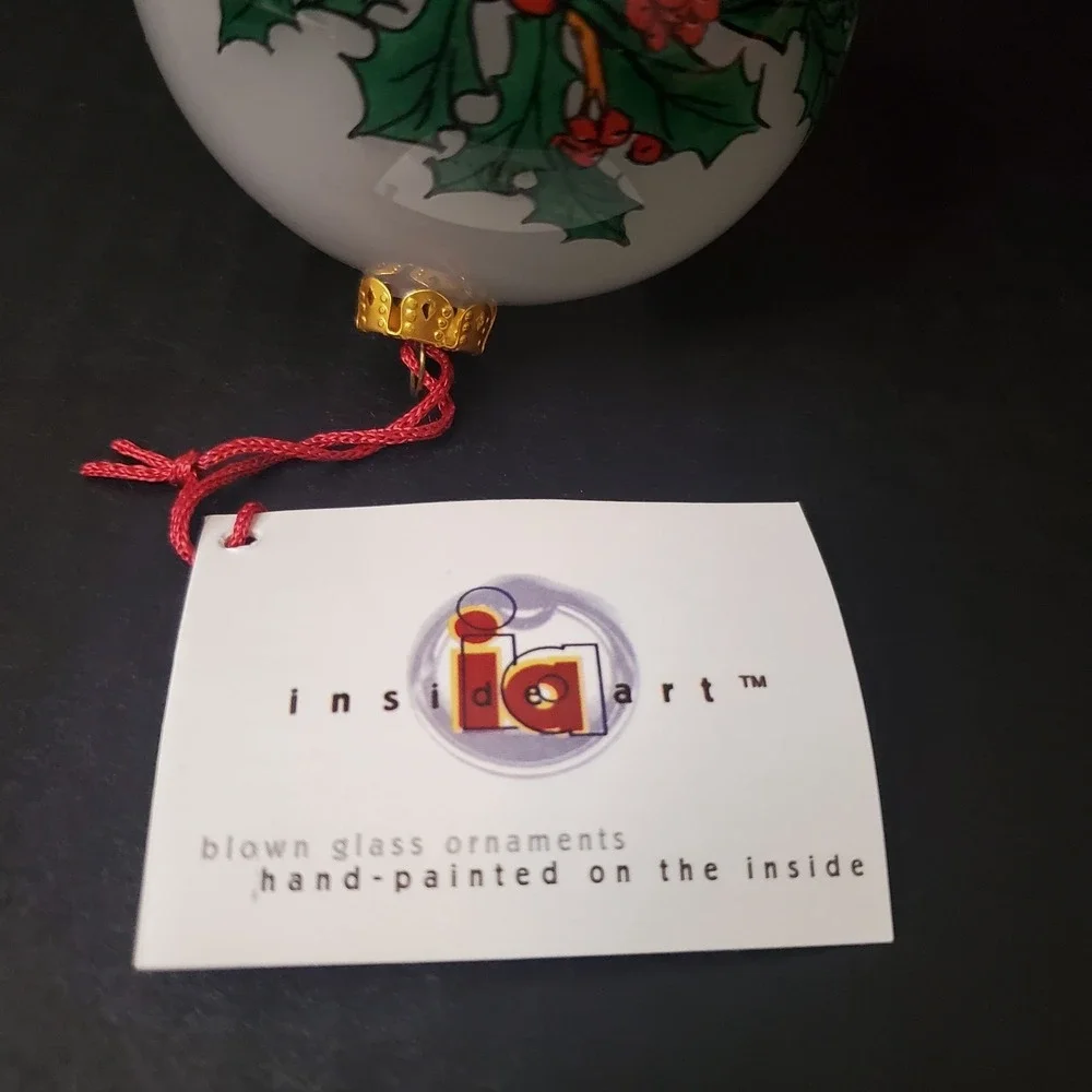 Figi Inside Art Glass Christmas Ornament Hand Painted Panda Bear & Holly, Box #2